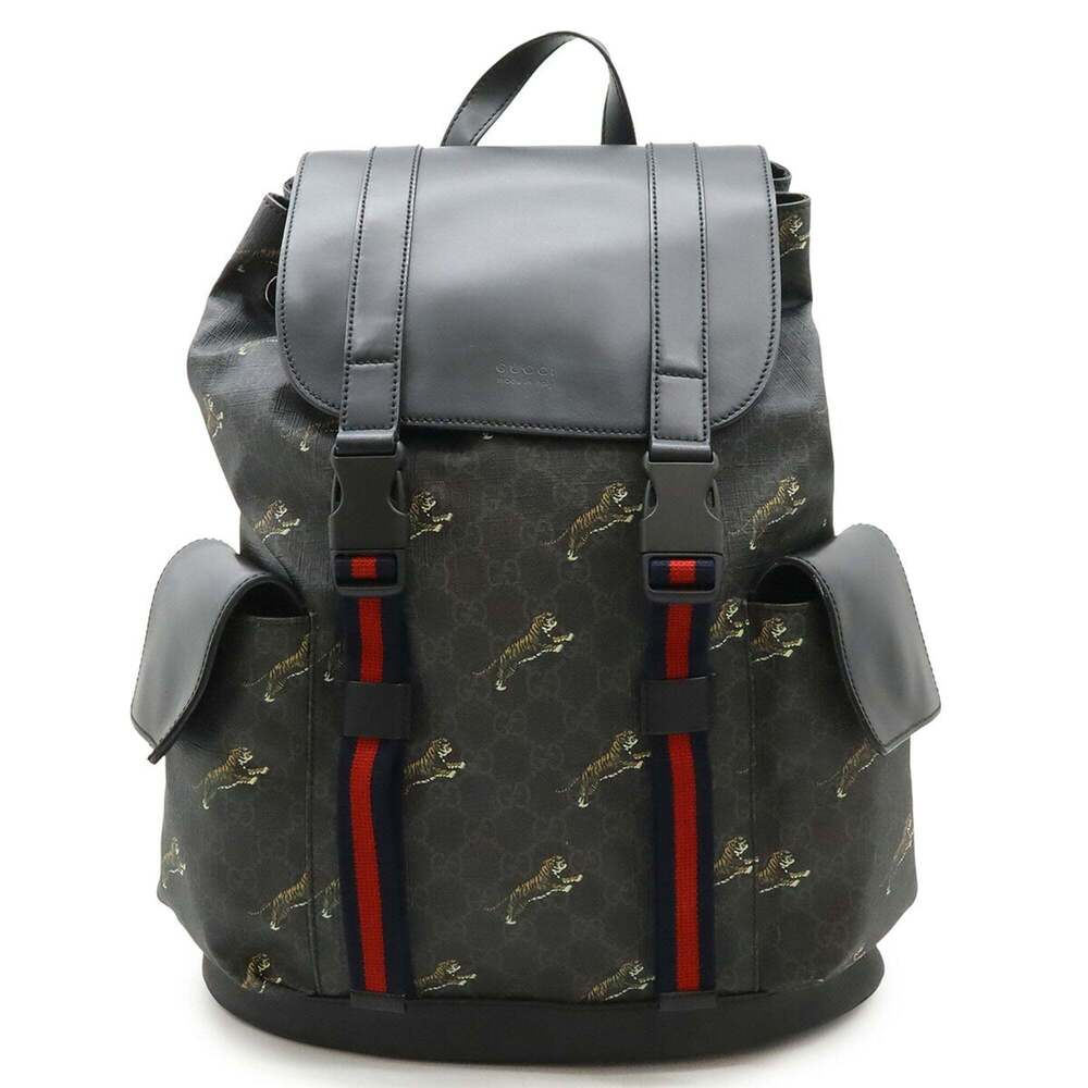 GUCCI Soft GG Supreme Sherry Line Backpack Tiger PVC Leather Black Grey 495563 - Picture 2 of 10